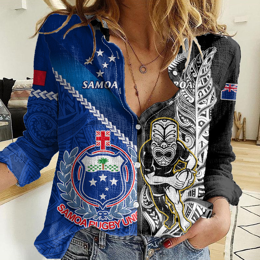 Custom New Zealand And Samoa Rugby Women Casual Shirt All Black Tiki Fern Mix Manu Samoa 2023 World Cup - Wonder Print Shop
