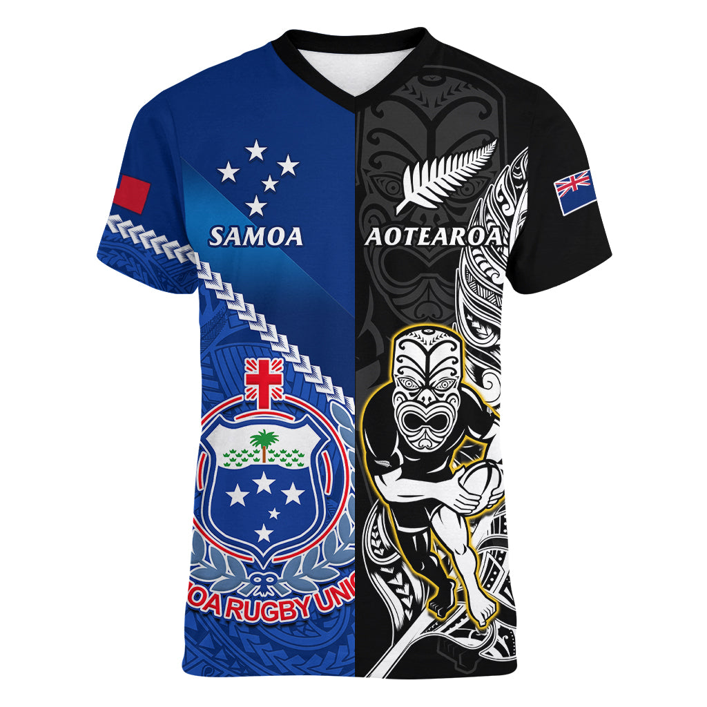 Custom New Zealand And Samoa Rugby Women V Neck T Shirt All Black Tiki Fern Mix Manu Samoa 2023 World Cup - Wonder Print Shop
