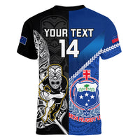 Custom New Zealand And Samoa Rugby Women V Neck T Shirt All Black Tiki Fern Mix Manu Samoa 2023 World Cup - Wonder Print Shop