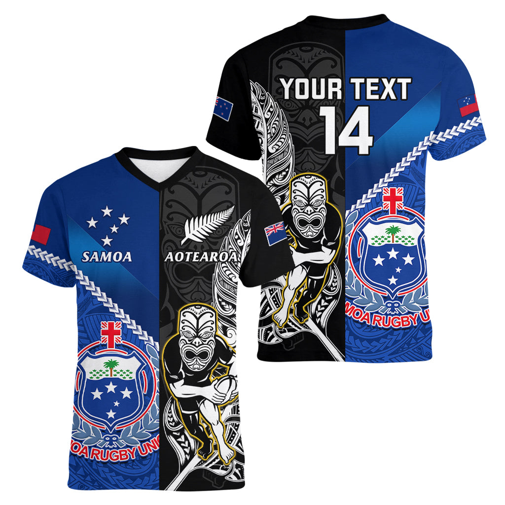 Custom New Zealand And Samoa Rugby Women V Neck T Shirt All Black Tiki Fern Mix Manu Samoa 2023 World Cup - Wonder Print Shop