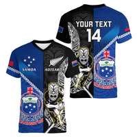 Custom New Zealand And Samoa Rugby Women V Neck T Shirt All Black Tiki Fern Mix Manu Samoa 2023 World Cup - Wonder Print Shop