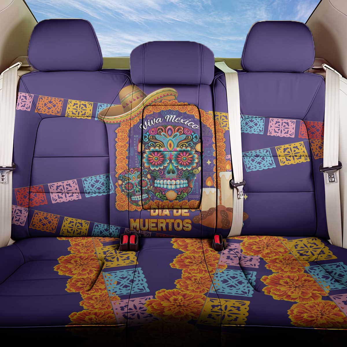 Mexico Day Of The Dead Back Car Seat Cover Sombrero Sugar Skull Marigold Pan De Muerto - Wonder Print Shop