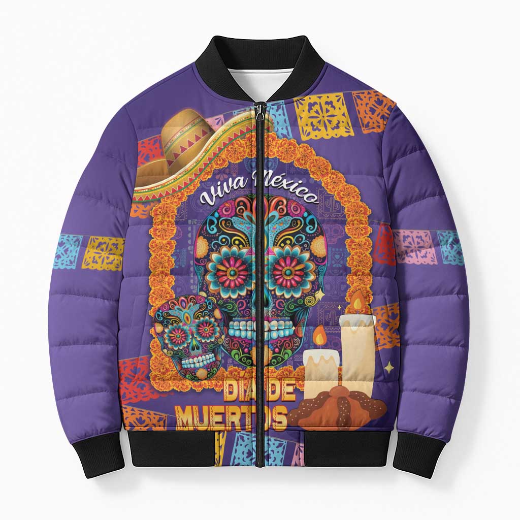 Mexico Day Of The Dead Bomber Puffer Jacket Sombrero Sugar Skull Marigold Pan De Muerto - Wonder Print Shop