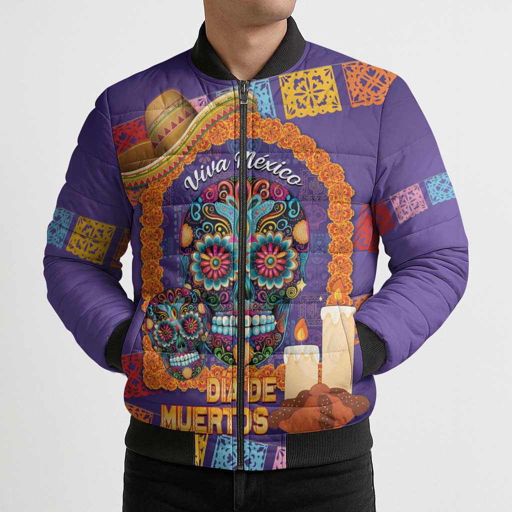 Mexico Day Of The Dead Bomber Puffer Jacket Sombrero Sugar Skull Marigold Pan De Muerto - Wonder Print Shop