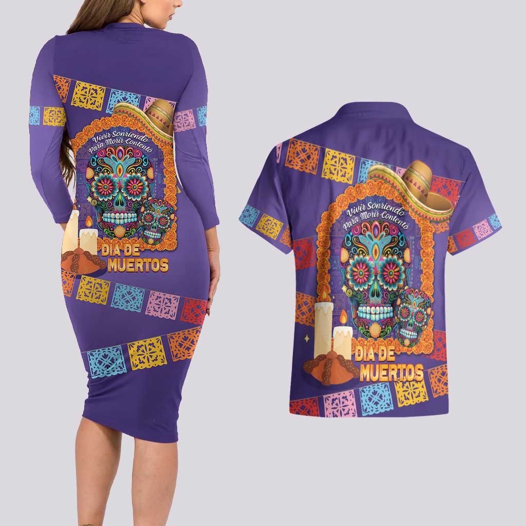 Mexico Day Of The Dead Couples Matching Long Sleeve Bodycon Dress and Hawaiian Shirt Sombrero Sugar Skull Marigold Pan De Muerto - Wonder Print Shop