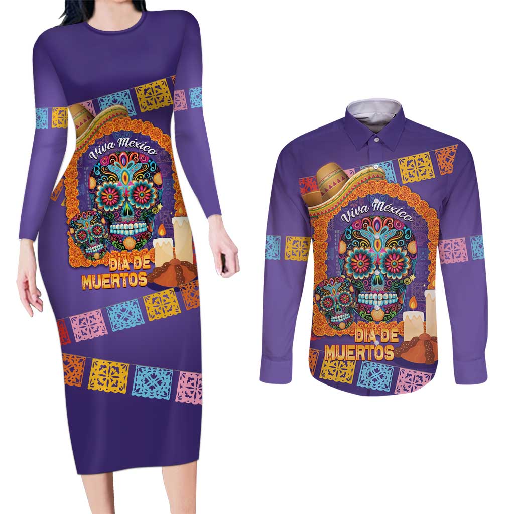 Mexico Day Of The Dead Couples Matching Long Sleeve Bodycon Dress and Long Sleeve Button Shirt Sombrero Sugar Skull Marigold Pan De Muerto - Wonder Print Shop