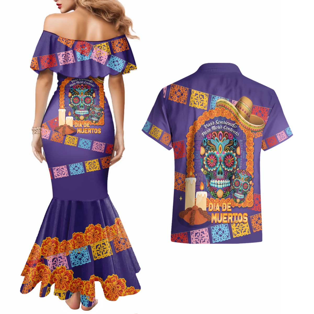 Mexico Day Of The Dead Couples Matching Mermaid Dress and Hawaiian Shirt Sombrero Sugar Skull Marigold Pan De Muerto - Wonder Print Shop