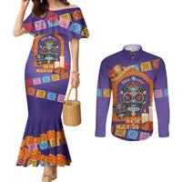 Mexico Day Of The Dead Couples Matching Mermaid Dress and Long Sleeve Button Shirt Sombrero Sugar Skull Marigold Pan De Muerto - Wonder Print Shop