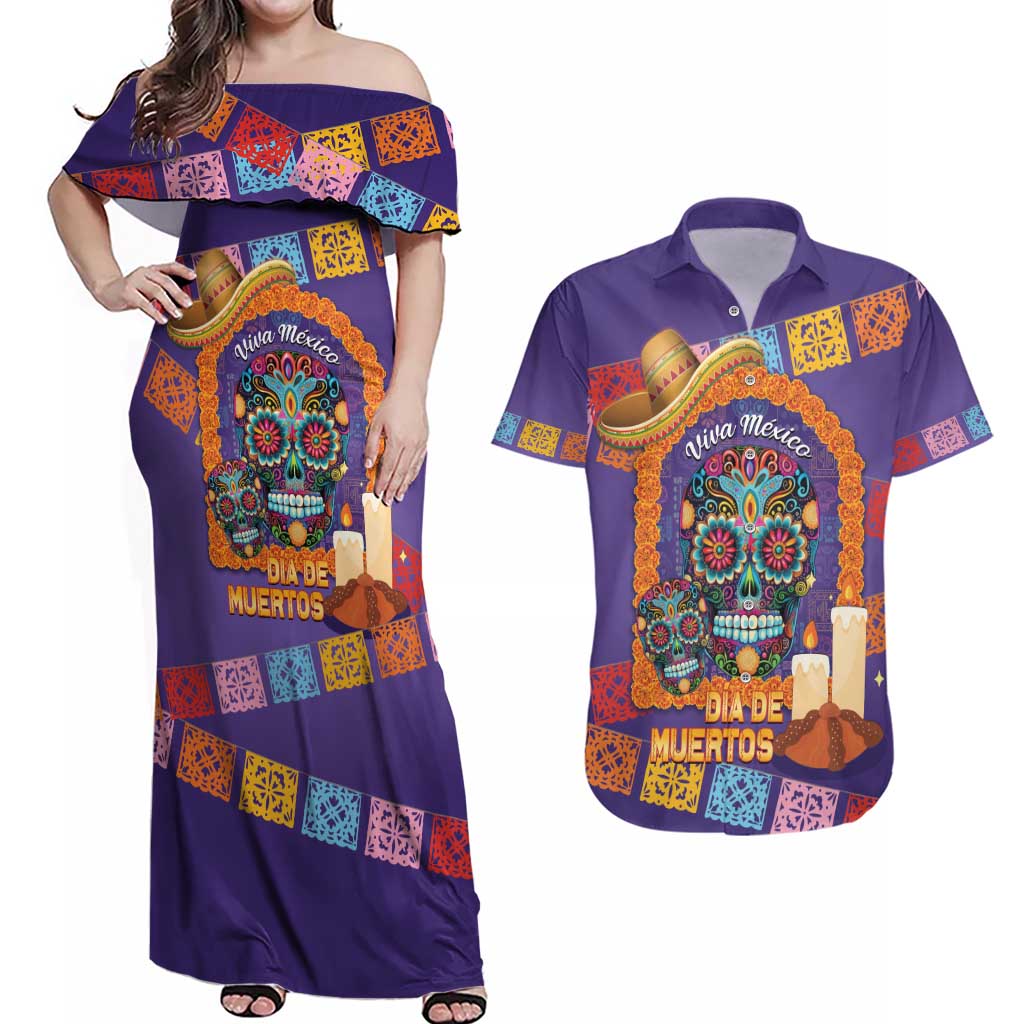 Mexico Day Of The Dead Couples Matching Off Shoulder Maxi Dress and Hawaiian Shirt Sombrero Sugar Skull Marigold Pan De Muerto - Wonder Print Shop