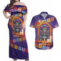 Mexico Day Of The Dead Couples Matching Off Shoulder Maxi Dress and Hawaiian Shirt Sombrero Sugar Skull Marigold Pan De Muerto - Wonder Print Shop