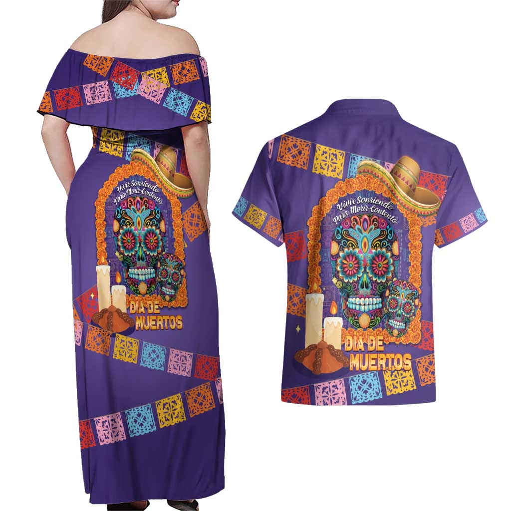 Mexico Day Of The Dead Couples Matching Off Shoulder Maxi Dress and Hawaiian Shirt Sombrero Sugar Skull Marigold Pan De Muerto - Wonder Print Shop