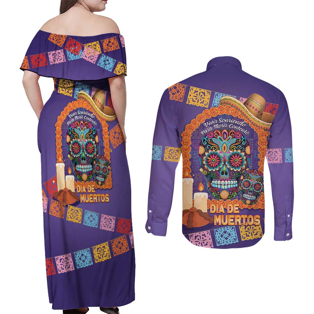 Mexico Day Of The Dead Couples Matching Off Shoulder Maxi Dress and Long Sleeve Button Shirt Sombrero Sugar Skull Marigold Pan De Muerto - Wonder Print Shop