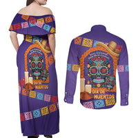 Mexico Day Of The Dead Couples Matching Off Shoulder Maxi Dress and Long Sleeve Button Shirt Sombrero Sugar Skull Marigold Pan De Muerto - Wonder Print Shop