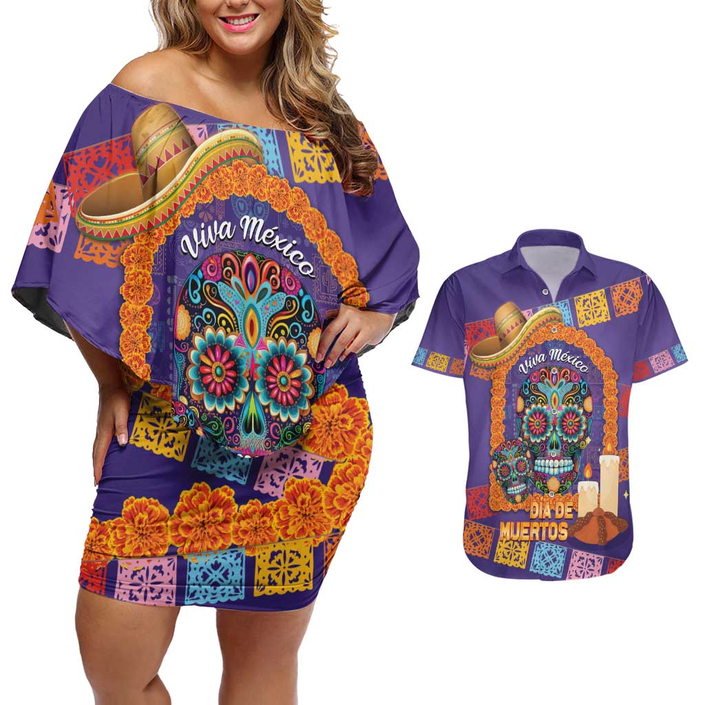Mexico Day Of The Dead Couples Matching Off Shoulder Short Dress and Hawaiian Shirt Sombrero Sugar Skull Marigold Pan De Muerto - Wonder Print Shop