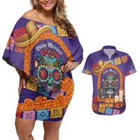Mexico Day Of The Dead Couples Matching Off Shoulder Short Dress and Hawaiian Shirt Sombrero Sugar Skull Marigold Pan De Muerto - Wonder Print Shop