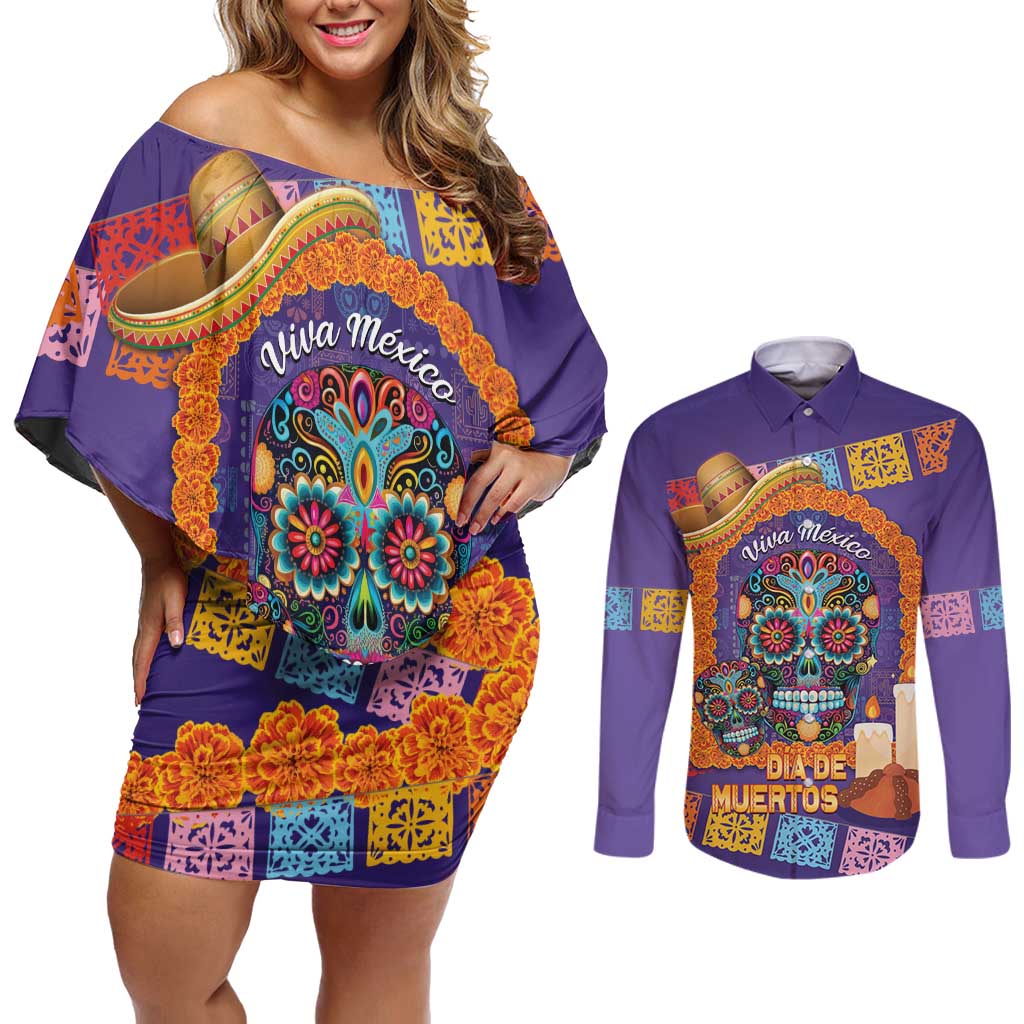 Mexico Day Of The Dead Couples Matching Off Shoulder Short Dress and Long Sleeve Button Shirt Sombrero Sugar Skull Marigold Pan De Muerto - Wonder Print Shop