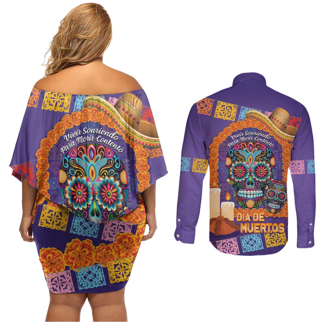 Mexico Day Of The Dead Couples Matching Off Shoulder Short Dress and Long Sleeve Button Shirt Sombrero Sugar Skull Marigold Pan De Muerto - Wonder Print Shop
