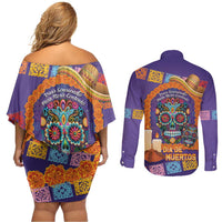 Mexico Day Of The Dead Couples Matching Off Shoulder Short Dress and Long Sleeve Button Shirt Sombrero Sugar Skull Marigold Pan De Muerto - Wonder Print Shop