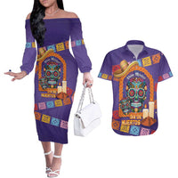 Mexico Day Of The Dead Couples Matching Off The Shoulder Long Sleeve Dress and Hawaiian Shirt Sombrero Sugar Skull Marigold Pan De Muerto - Wonder Print Shop
