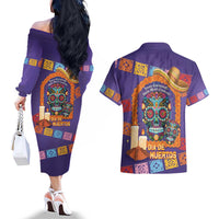 Mexico Day Of The Dead Couples Matching Off The Shoulder Long Sleeve Dress and Hawaiian Shirt Sombrero Sugar Skull Marigold Pan De Muerto - Wonder Print Shop