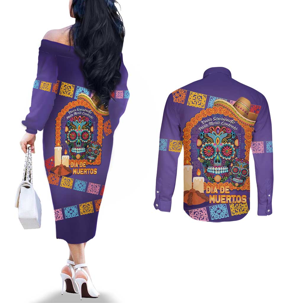 Mexico Day Of The Dead Couples Matching Off The Shoulder Long Sleeve Dress and Long Sleeve Button Shirt Sombrero Sugar Skull Marigold Pan De Muerto - Wonder Print Shop