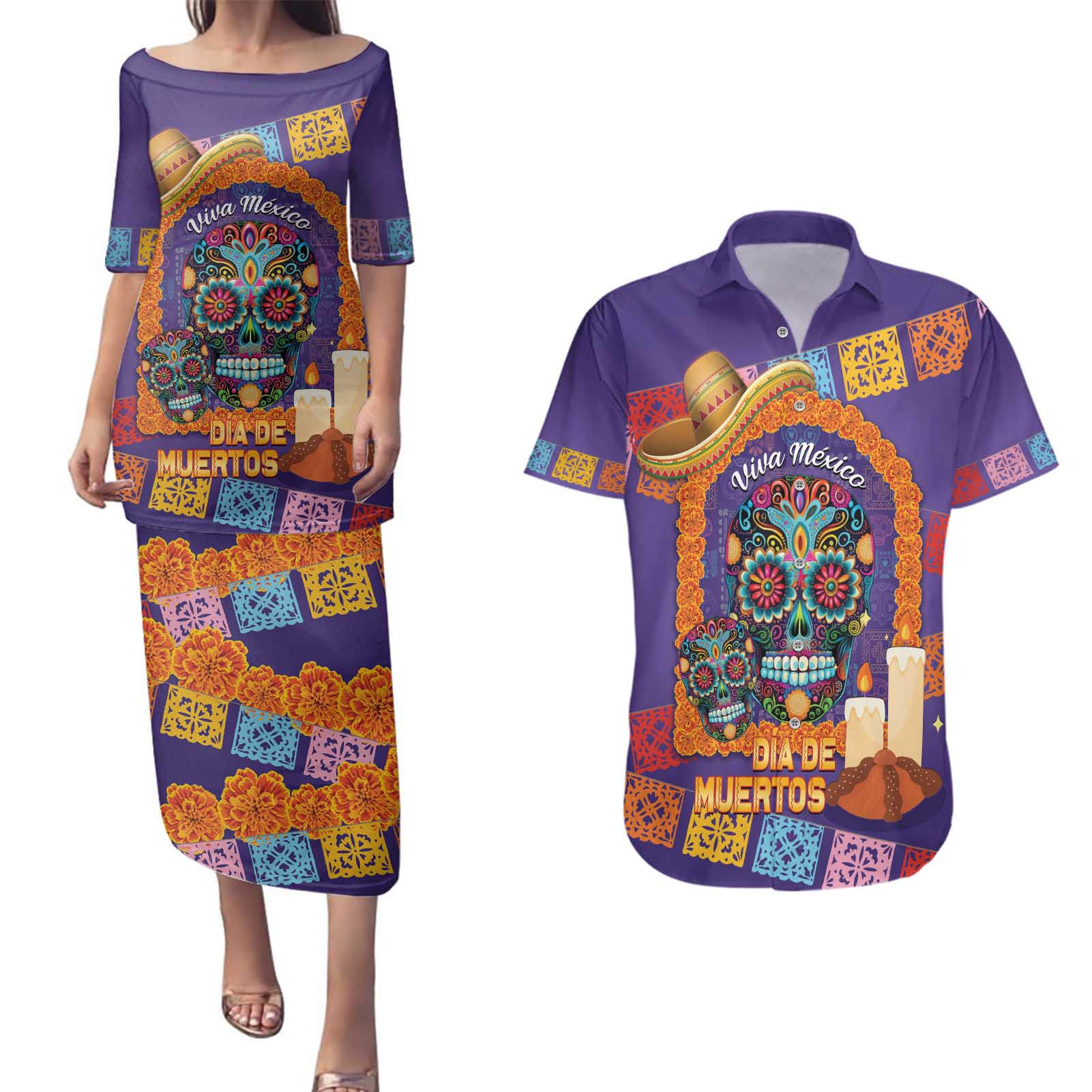 Mexico Day Of The Dead Couples Matching Puletasi and Hawaiian Shirt Sombrero Sugar Skull Marigold Pan De Muerto - Wonder Print Shop