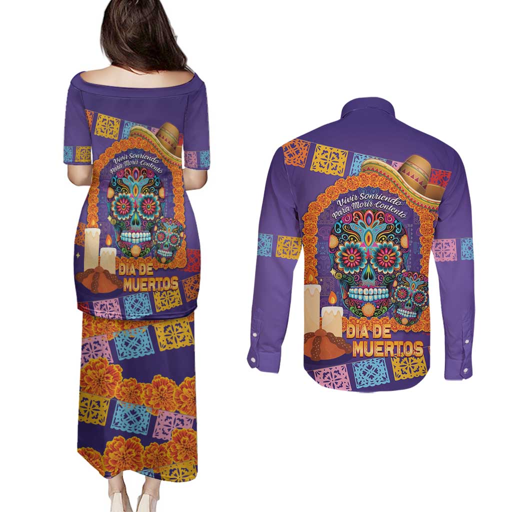 Mexico Day Of The Dead Couples Matching Puletasi and Long Sleeve Button Shirt Sombrero Sugar Skull Marigold Pan De Muerto - Wonder Print Shop