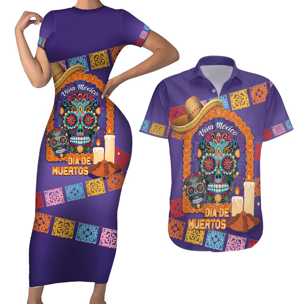 Mexico Day Of The Dead Couples Matching Short Sleeve Bodycon Dress and Hawaiian Shirt Sombrero Sugar Skull Marigold Pan De Muerto - Wonder Print Shop