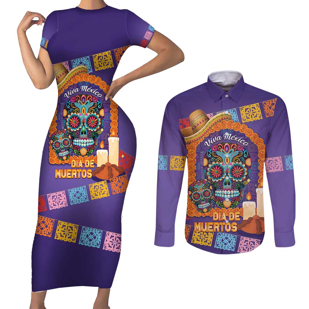 Mexico Day Of The Dead Couples Matching Short Sleeve Bodycon Dress and Long Sleeve Button Shirt Sombrero Sugar Skull Marigold Pan De Muerto - Wonder Print Shop