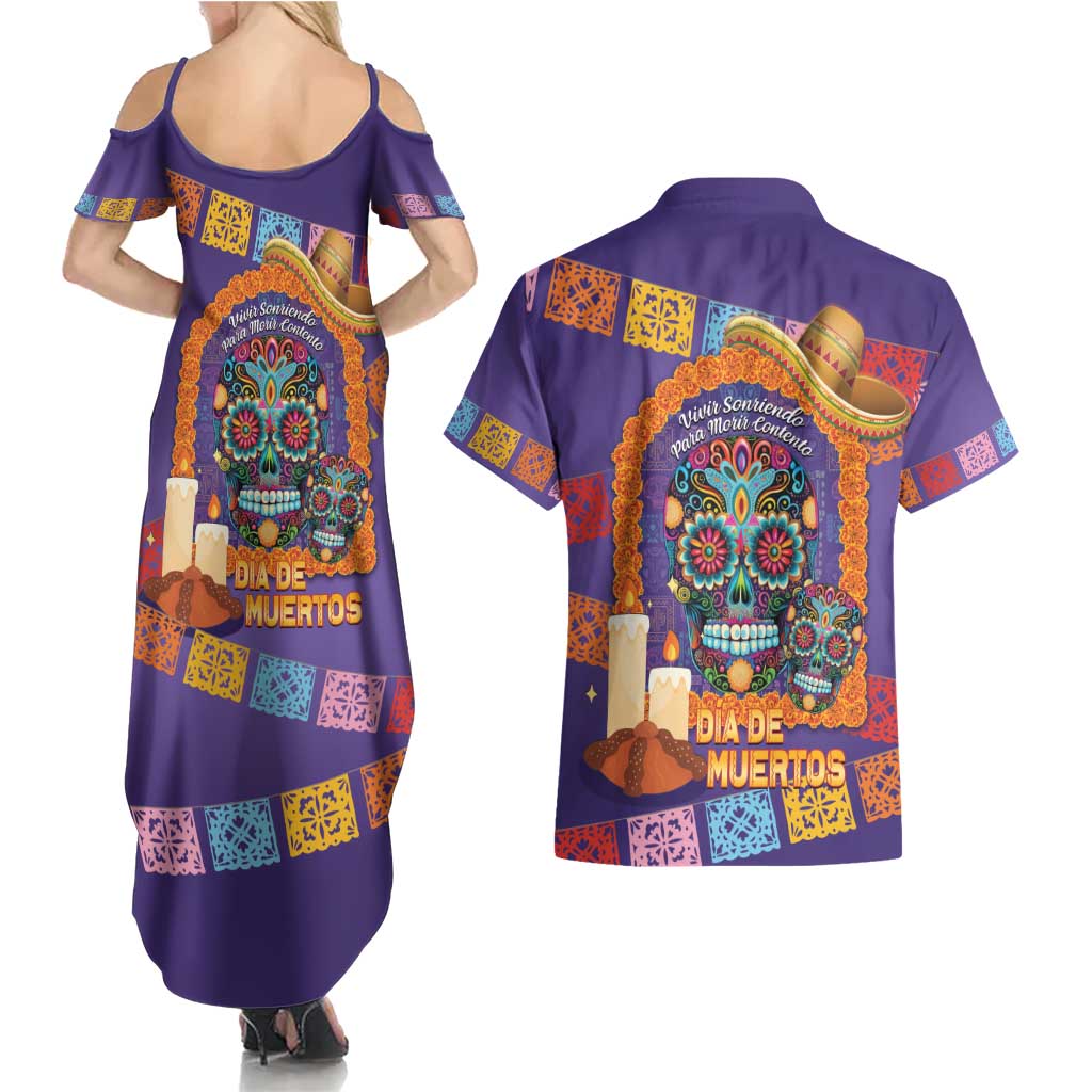Mexico Day Of The Dead Couples Matching Summer Maxi Dress and Hawaiian Shirt Sombrero Sugar Skull Marigold Pan De Muerto - Wonder Print Shop