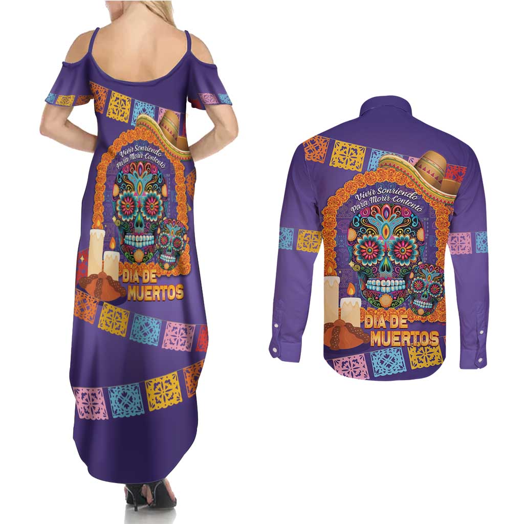 Mexico Day Of The Dead Couples Matching Summer Maxi Dress and Long Sleeve Button Shirt Sombrero Sugar Skull Marigold Pan De Muerto - Wonder Print Shop