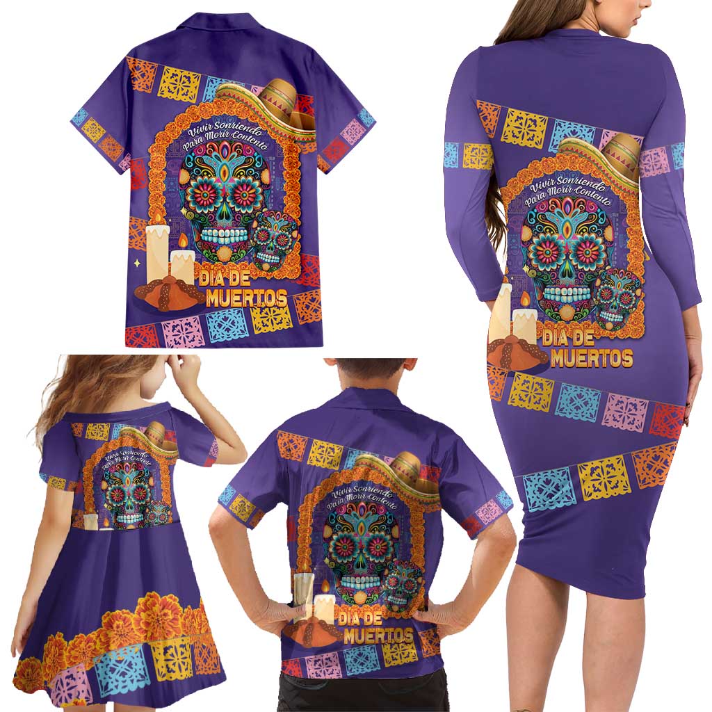 Mexico Day Of The Dead Family Matching Long Sleeve Bodycon Dress and Hawaiian Shirt Sombrero Sugar Skull Marigold Pan De Muerto - Wonder Print Shop
