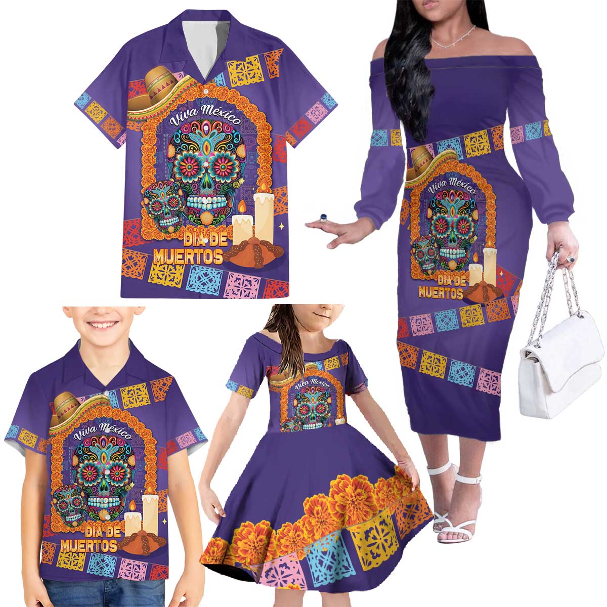 Mexico Day Of The Dead Family Matching Off The Shoulder Long Sleeve Dress and Hawaiian Shirt Sombrero Sugar Skull Marigold Pan De Muerto - Wonder Print Shop