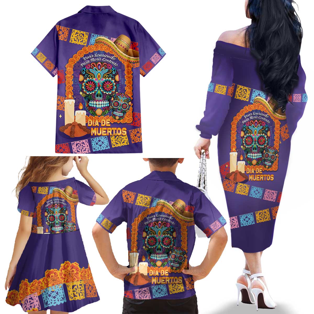 Mexico Day Of The Dead Family Matching Off The Shoulder Long Sleeve Dress and Hawaiian Shirt Sombrero Sugar Skull Marigold Pan De Muerto - Wonder Print Shop
