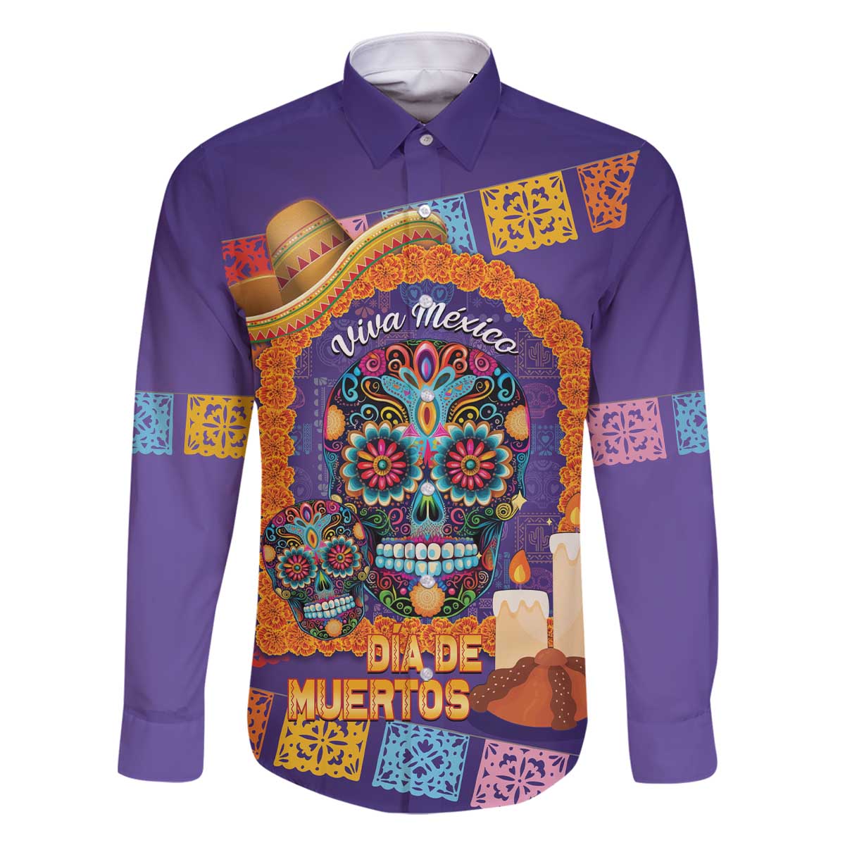 Mexico Day Of The Dead Family Matching Off The Shoulder Long Sleeve Dress and Hawaiian Shirt Sombrero Sugar Skull Marigold Pan De Muerto - Wonder Print Shop