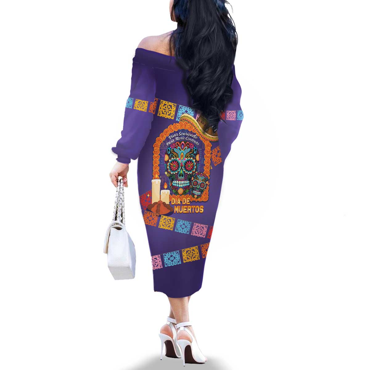 Mexico Day Of The Dead Family Matching Off The Shoulder Long Sleeve Dress and Hawaiian Shirt Sombrero Sugar Skull Marigold Pan De Muerto - Wonder Print Shop