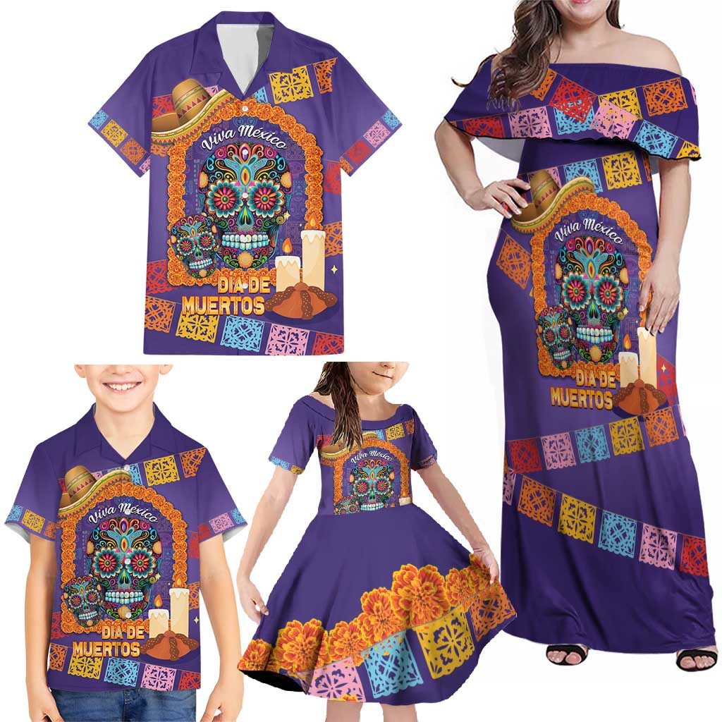 Mexico Day Of The Dead Family Matching Off Shoulder Maxi Dress and Hawaiian Shirt Sombrero Sugar Skull Marigold Pan De Muerto - Wonder Print Shop