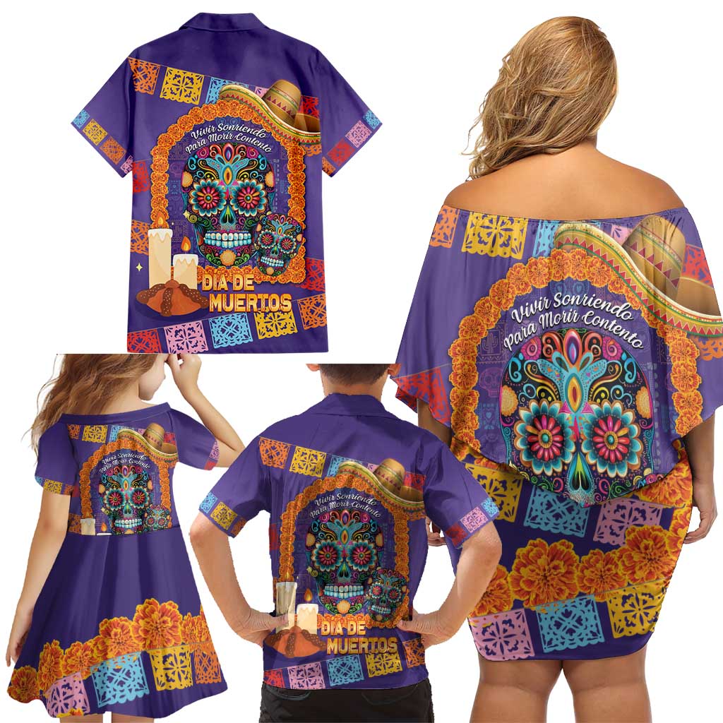 Mexico Day Of The Dead Family Matching Off Shoulder Short Dress and Hawaiian Shirt Sombrero Sugar Skull Marigold Pan De Muerto - Wonder Print Shop