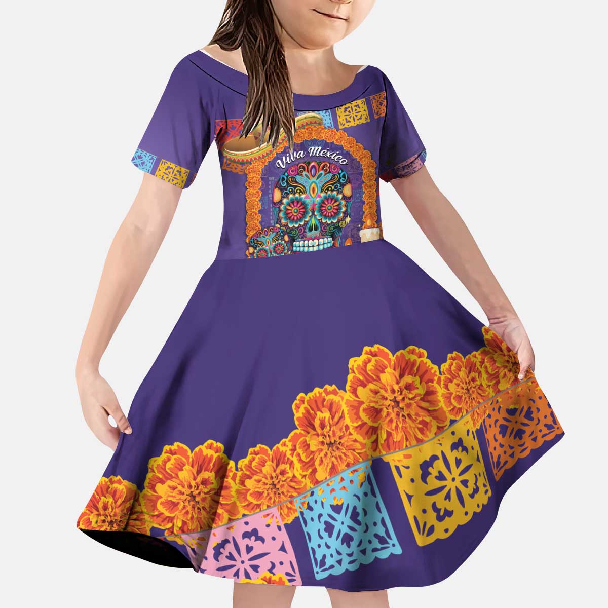 Mexico Day Of The Dead Kid Short Sleeve Dress Sombrero Sugar Skull Marigold Pan De Muerto - Wonder Print Shop
