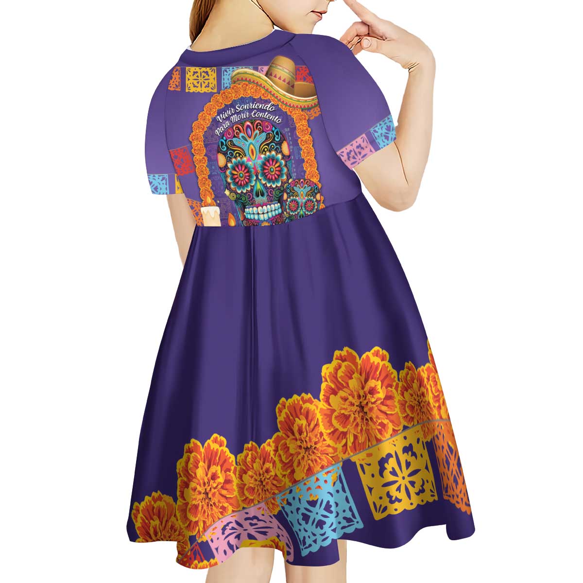 Mexico Day Of The Dead Kid Short Sleeve Dress Sombrero Sugar Skull Marigold Pan De Muerto - Wonder Print Shop