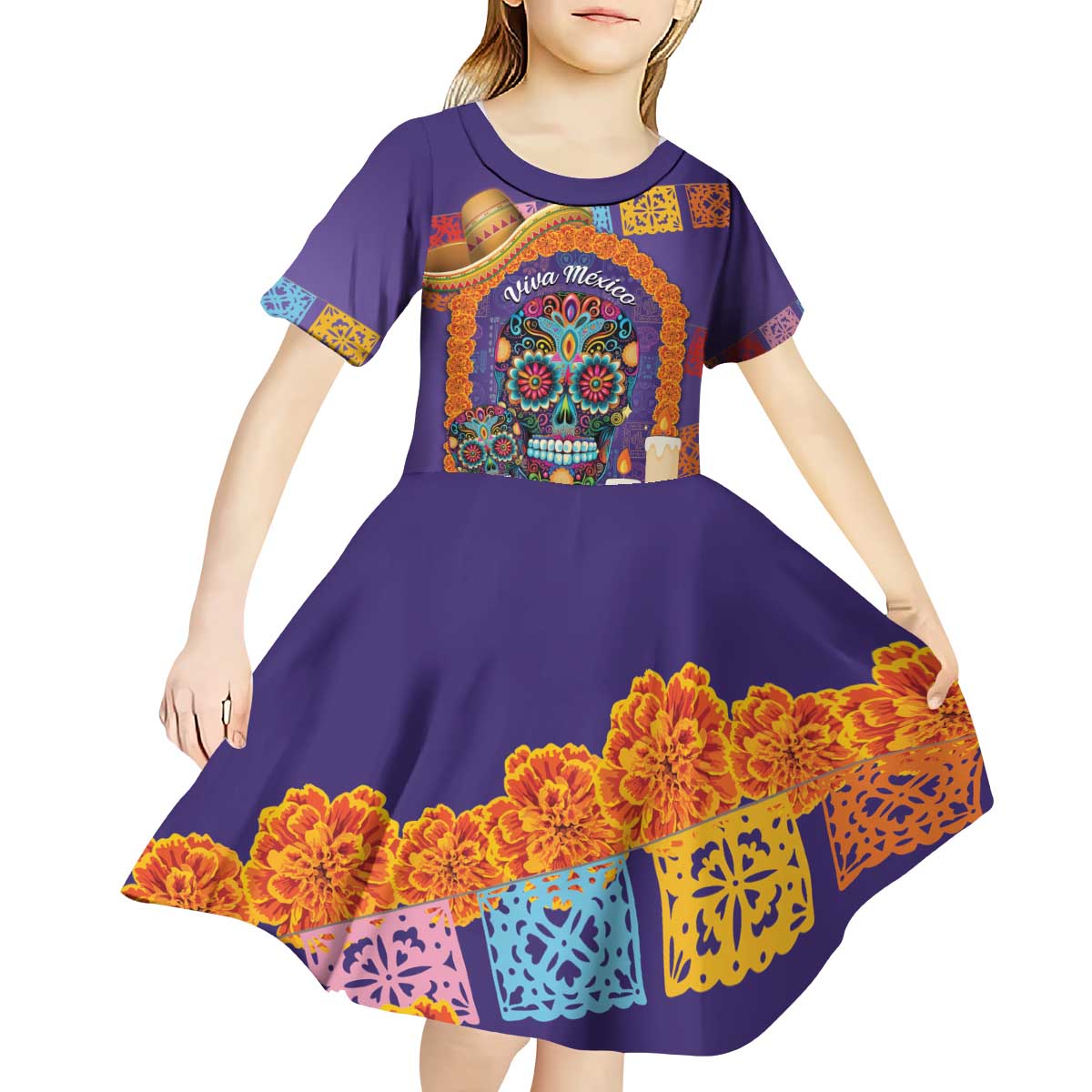 Mexico Day Of The Dead Kid Short Sleeve Dress Sombrero Sugar Skull Marigold Pan De Muerto - Wonder Print Shop