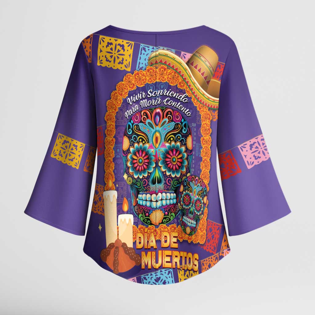 Mexico Day Of The Dead Kimono Sleeve Blouse Sombrero Sugar Skull Marigold Pan De Muerto - Wonder Print Shop