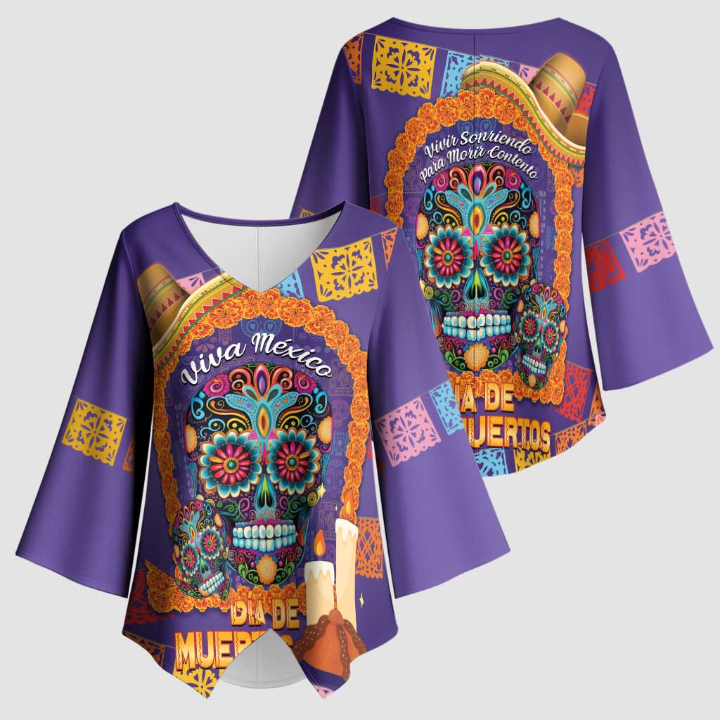 Mexico Day Of The Dead Kimono Sleeve Blouse Sombrero Sugar Skull Marigold Pan De Muerto - Wonder Print Shop