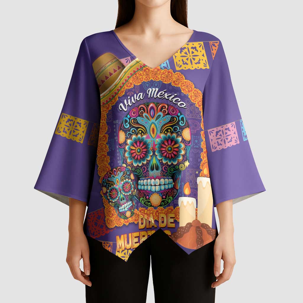 Mexico Day Of The Dead Kimono Sleeve Blouse Sombrero Sugar Skull Marigold Pan De Muerto - Wonder Print Shop