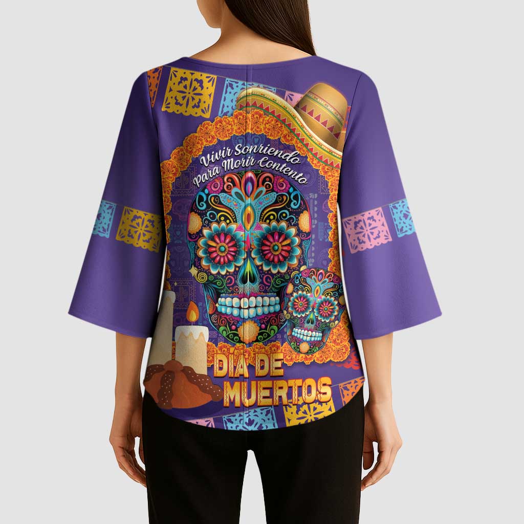 Mexico Day Of The Dead Kimono Sleeve Blouse Sombrero Sugar Skull Marigold Pan De Muerto - Wonder Print Shop