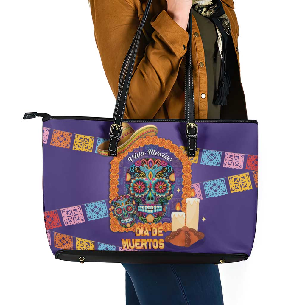 Mexico Day Of The Dead Leather Tote Bag Sombrero Sugar Skull Marigold Pan De Muerto - Wonder Print Shop