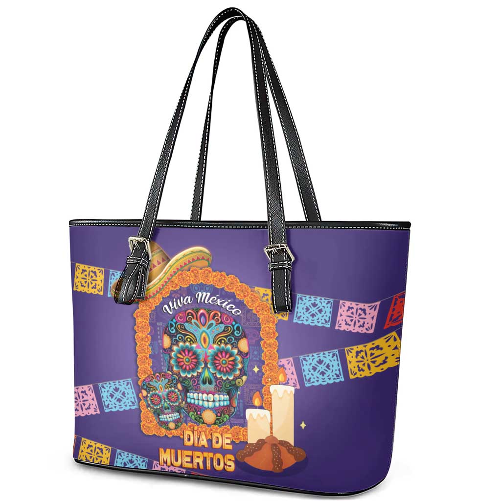 Mexico Day Of The Dead Leather Tote Bag Sombrero Sugar Skull Marigold Pan De Muerto - Wonder Print Shop