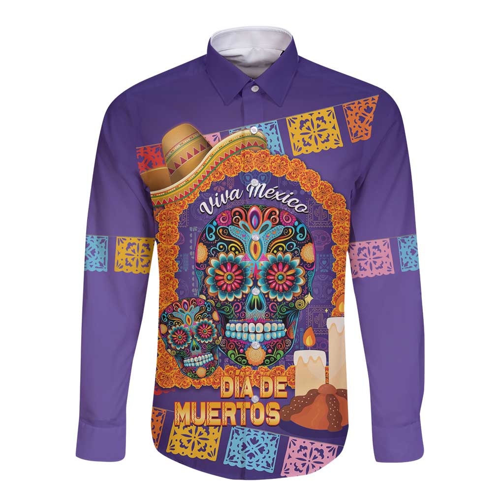 Mexico Day Of The Dead Long Sleeve Button Shirt Sombrero Sugar Skull Marigold Pan De Muerto - Wonder Print Shop