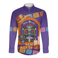 Mexico Day Of The Dead Long Sleeve Button Shirt Sombrero Sugar Skull Marigold Pan De Muerto - Wonder Print Shop