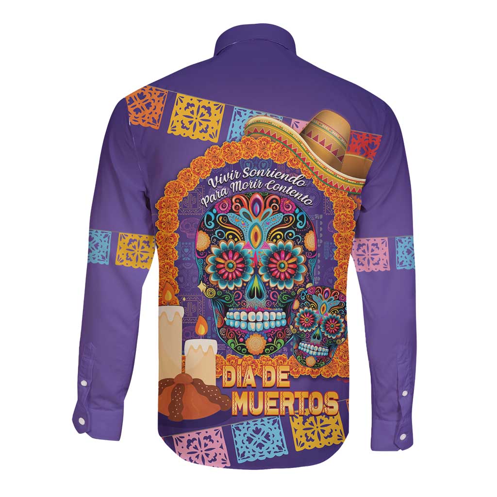 Mexico Day Of The Dead Long Sleeve Button Shirt Sombrero Sugar Skull Marigold Pan De Muerto - Wonder Print Shop